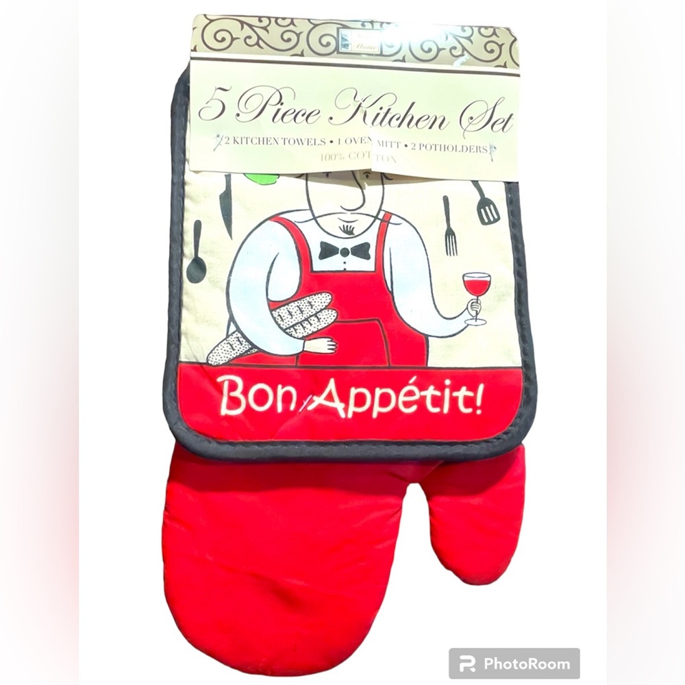 5~PCS CHEF LINEN 2 KITCHEN TOWELS 15" x 25"
1 OVEN MITT 13"
2 POTHOLDERS 7" x 8"